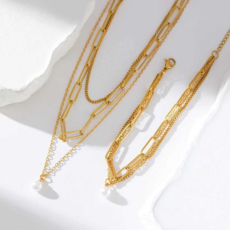 EILIECK 316L Stainless Steel Pearl Charm Necklace Bracelet Set Womens Fashion Gold Multi layer Chain Waterproof Jewelry Y250408