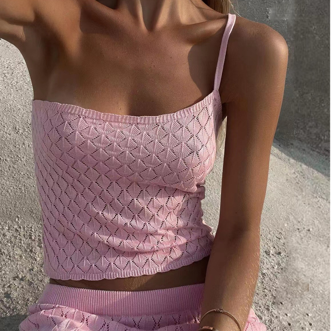 Womens 2023 Knitted Beach Short Open Belly and Back Strap Top+Long Skirt Two Piece Set 047