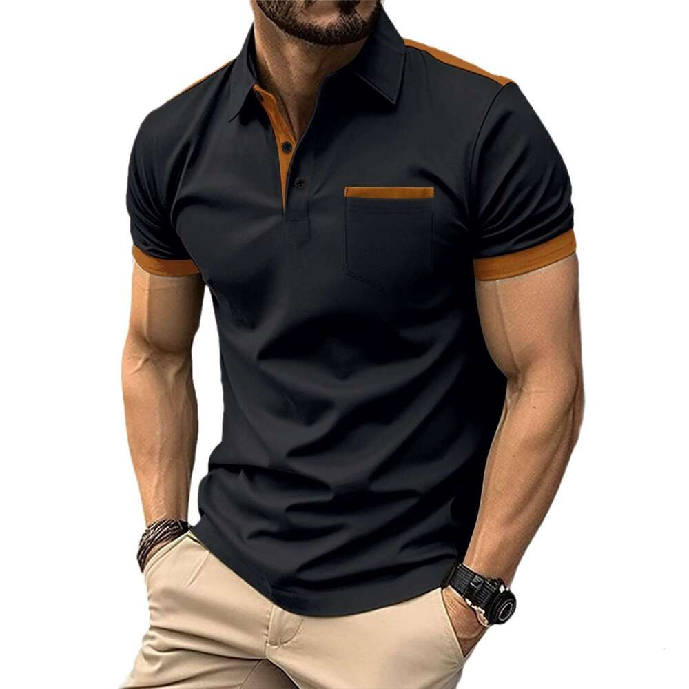 New men's casual polo shirt with chest pocket, lapel button splicing, color matching, versatile T-shirt for 2025 temperament, new trendy clothing