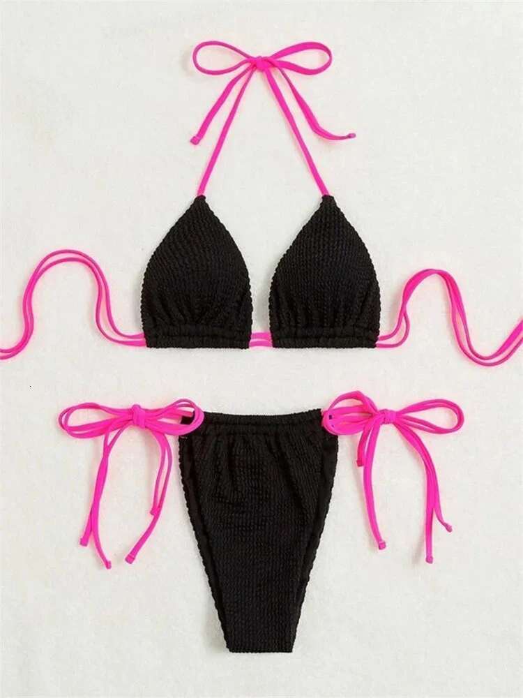 Dongdumaoyi Sexy Micro Bikini Women Pleated Push Up Bandage Tie Side Thong Swimsuit Summer Beach Black Patchwork Bathing Suit Swimwear