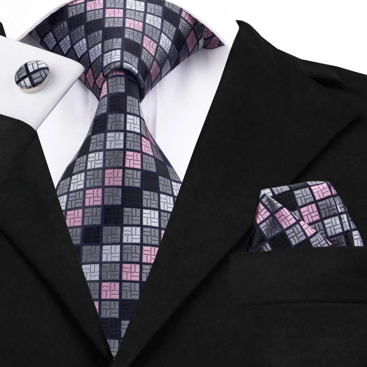 Hi-Tie Designer Grey Plaid Novelty Silk Wedding Tie For Men Handky Cufflink Gift Mens Necktie Fashion Business Party Dropshiping X250407
