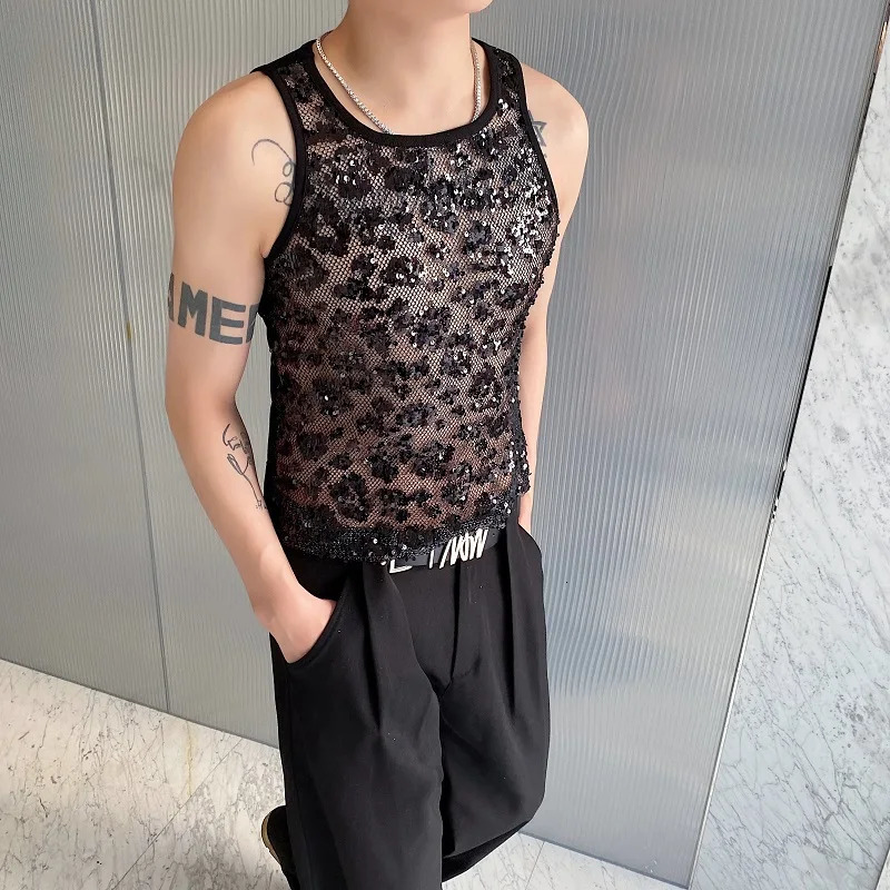 Fashionable mens sexy top with mesh sequins sparkling elastic tight fitting vest summer fashion nightclub stage tight fitting mens vest 250402