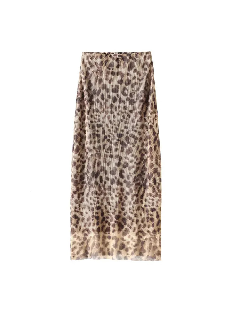 TRAF Summer Women Tulle Leopard Print Midi Skirt Suits Sleeveless Strapless Backless Slim Crop Top Sets Club Y2K 250408