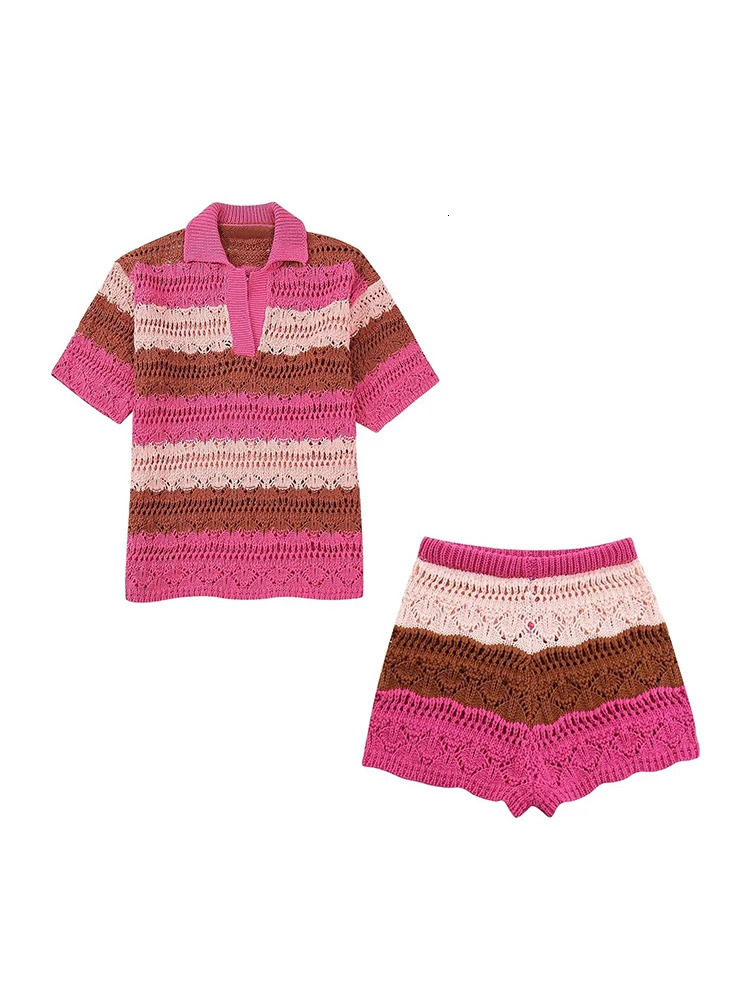 TRAFZA Womens Unique Knitted Striped Pink Sweet Two Piece Y2K Short Sleeve Polo T-shirt Fashion Leisure Street Mini Short Sleeve Holiday Set 250401