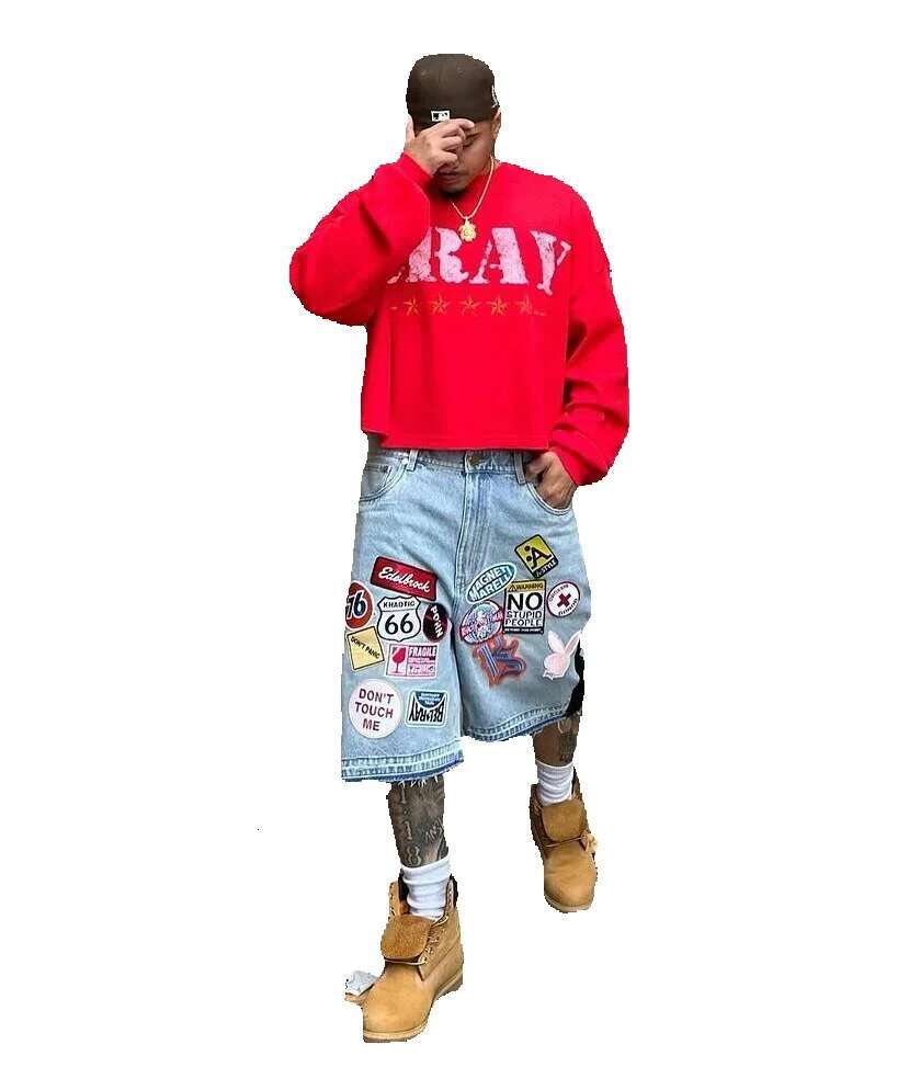 Y2K jeans, men's and women's hip-hop cartoon pattern street clothing, patchwork denim short, retro blue loose denim, Fierss casual shorts
