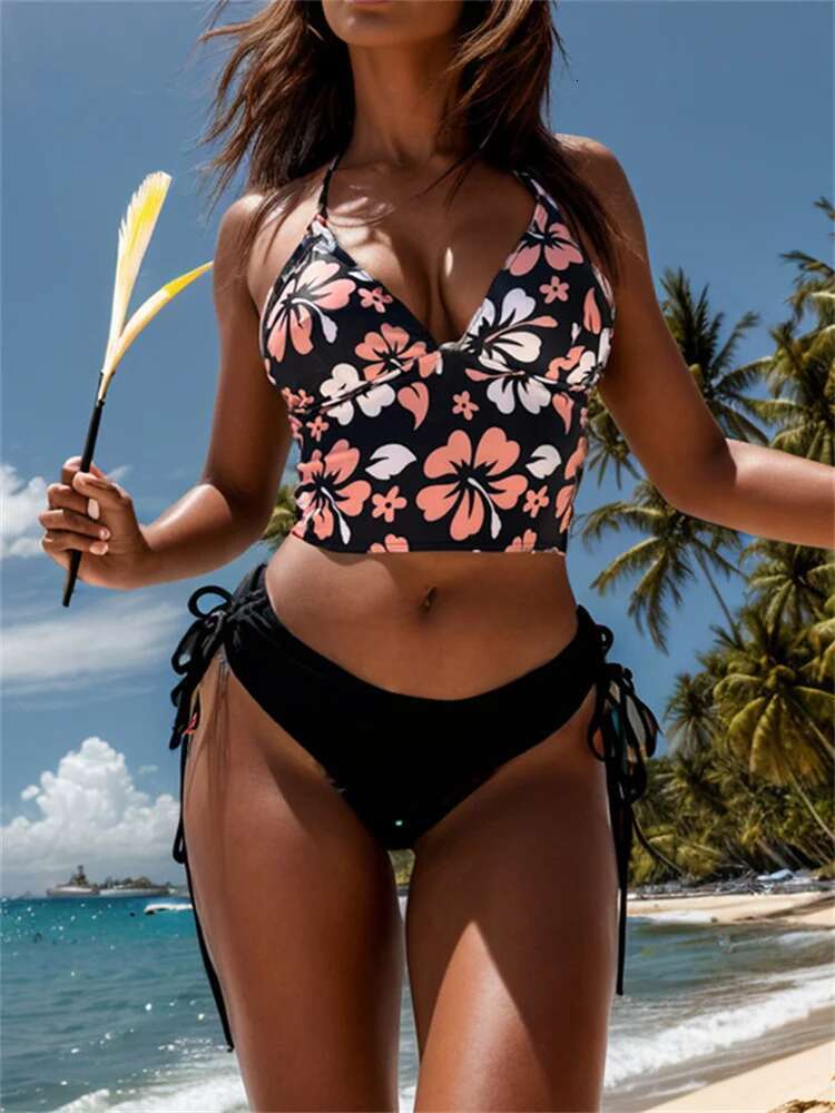 Dongdumaoyi Bikini Women Sexy Black Floral Print Push Up Crop Top Swimsuit Bathing Suit Pleate Tie Side Bandage High Waist Swimwear