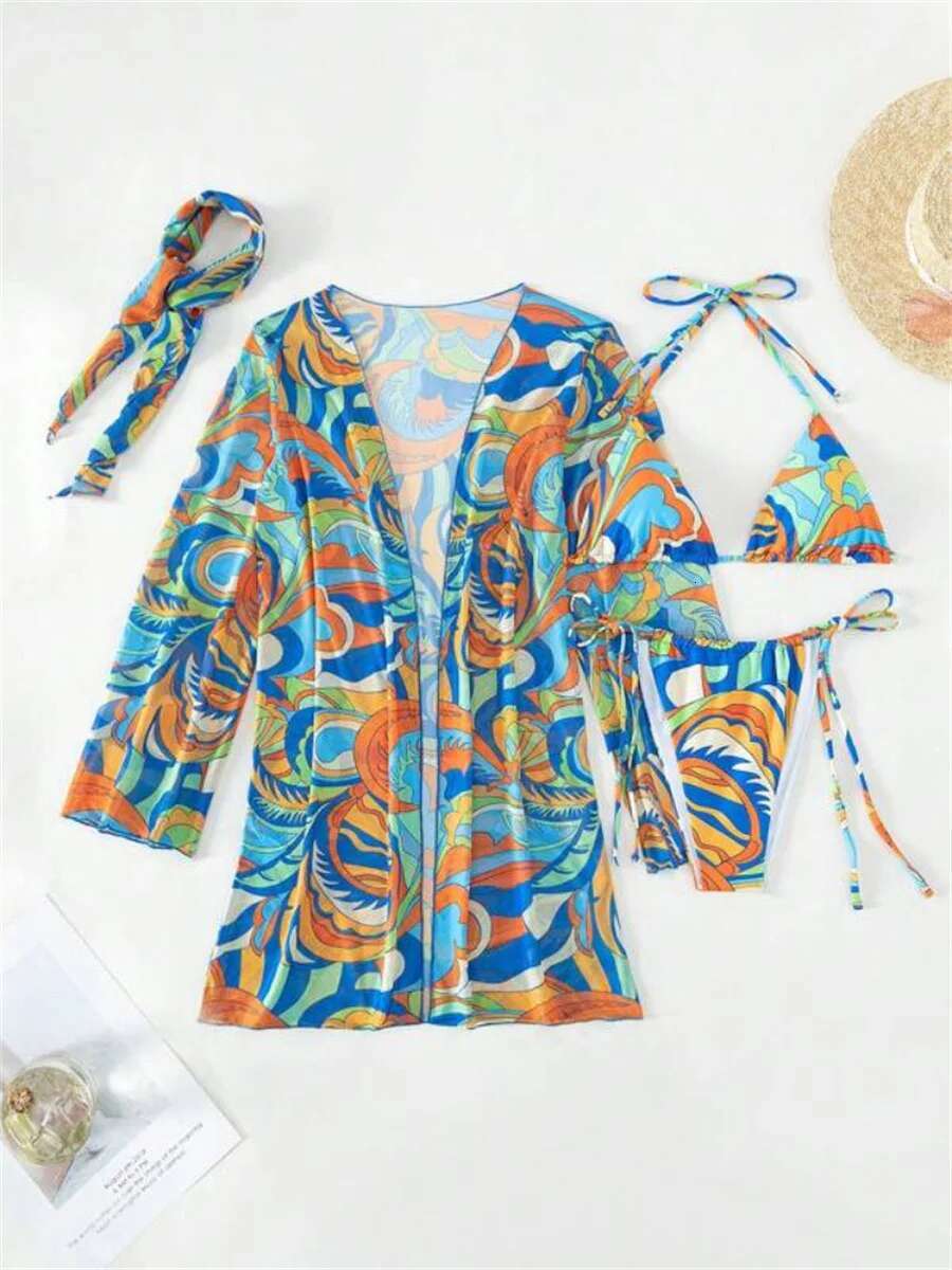 Dongdumaoyi Vintage Green Leaves Print Piece Bikini Set Women Long Sleeve Cover Up Swimsuit Sexy Push Bathing Suit Thong Swimwear