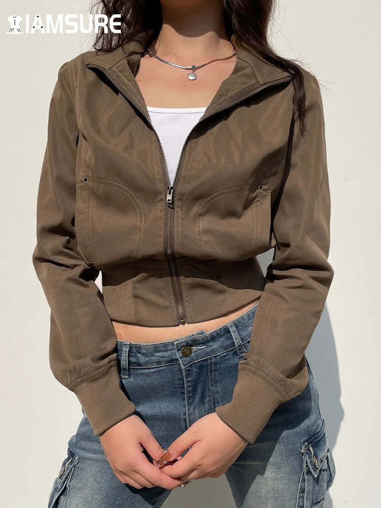 IAMSURE casual streetwear solid hooded cut jacket ultrathin pocket zipper long sleeved autumn and winter women 250407
