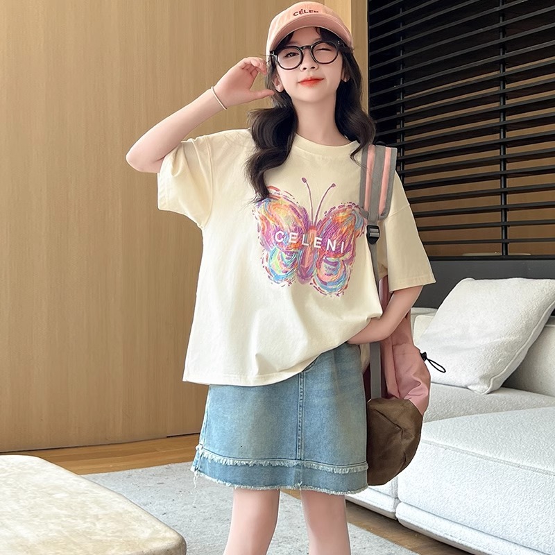 Ddmyshoesvip Girls Short Outfit Big Children S Cotton Summer T Shirt Little Girls Butterfly Print Half Sleeved Top Thin