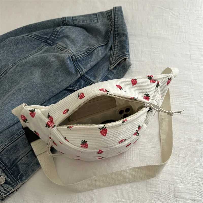 Waist Bag Womens Corduroy Fanny Bag Strawberry Pocket Fashion Chest Handbag Sports Travel Wallet Flat Waist Bag Abdominal Bag Z250407