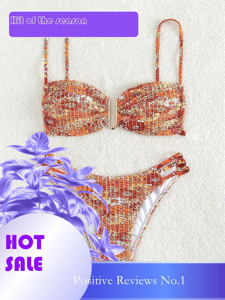 Dongdumaoyi Sexy Pleate Micro Bikini Women U Neck Push Up Orange Floral Print Swimsuit Summer Bathing Suit Lace Thong Swimwear