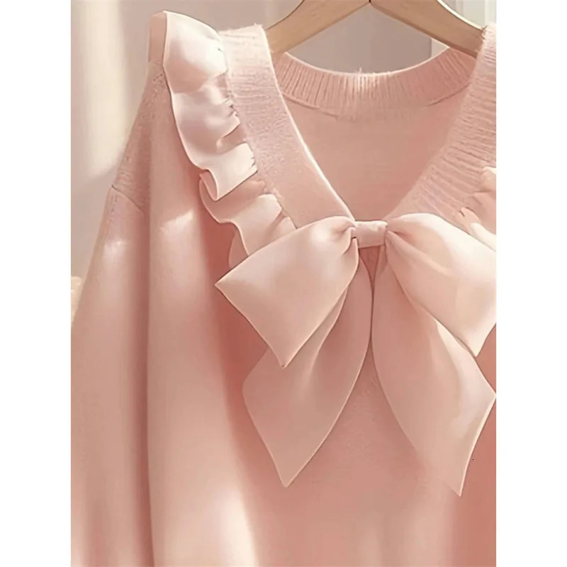 Pink Bow Knited Sweater Sweatshirt Unique Super Beautiful Long Sleeved Top 2025 Spring Autumn Women Knitwear Pullover Shirt 251104