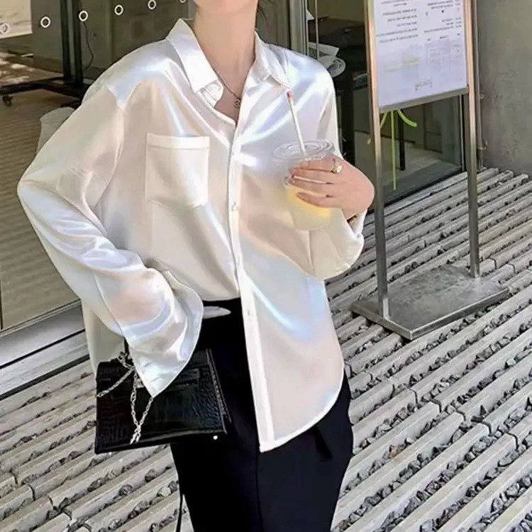 White satin womens long sleeved button solid color shirt casual office womens shirt elegant womens top fashionable 250402