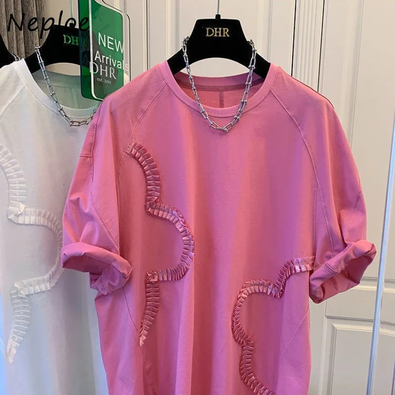 Neploe Oversize Summer O-neck T-shirt Y2k Loose Short Sleeve White Cotton T-shirt Medium Length Petal Fungal Top Womens 250402