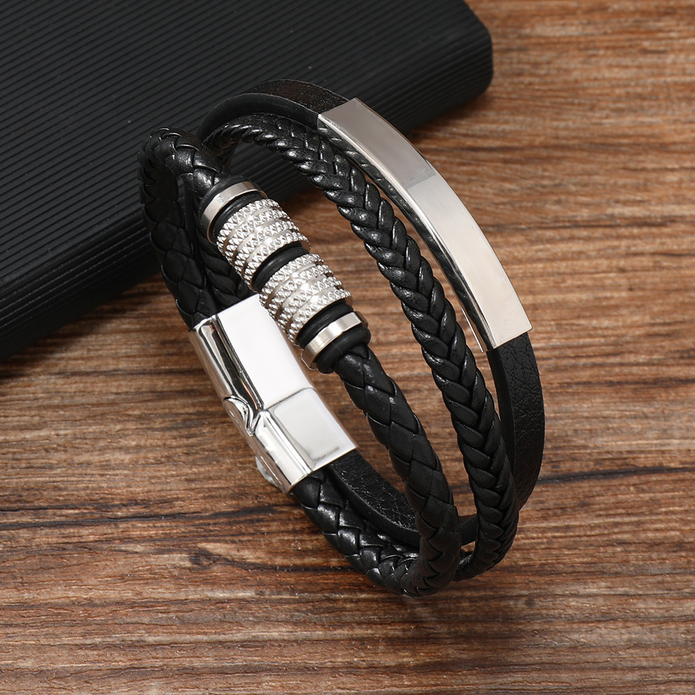 Men's high-end trendy multi-layer leather bracelet, stainless steel accessory