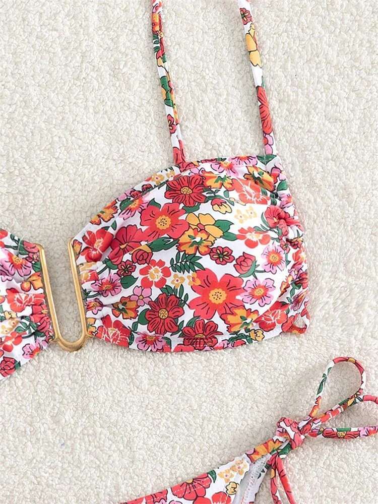 Dongdumaoyi Sexy U Wire Bikini Set Women Red Floral Print Push Up Micro Swimsuit Brazilian Cut Out Bathing Suit Tie Side Thong Swimwear