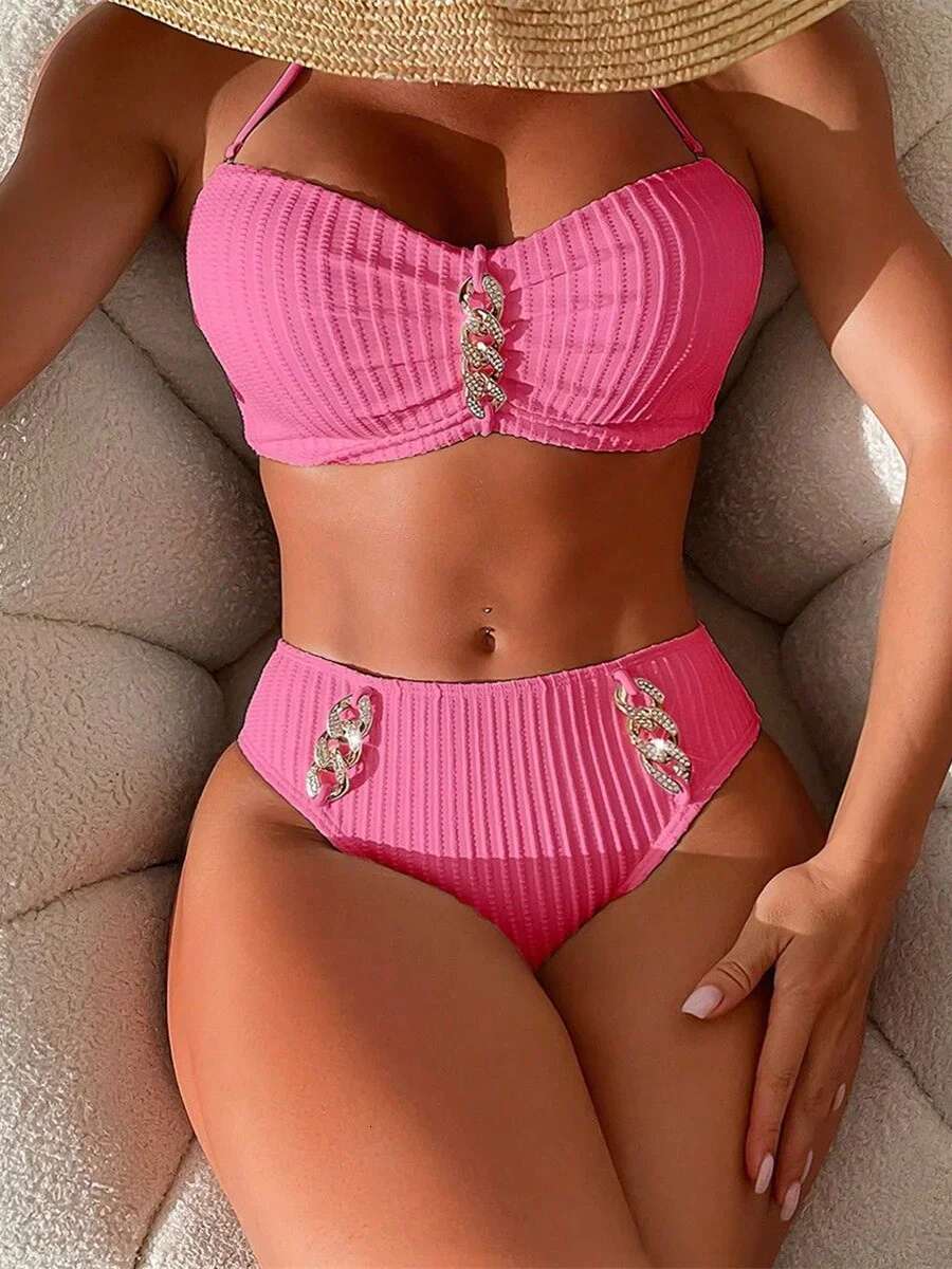 Dongdumaoyi Sexy Rhinestone Bikini Women Luxury White Black Bandeau Push Up Micro Swimsuit Beach Bathing Suit Metal High Waist Swimwear