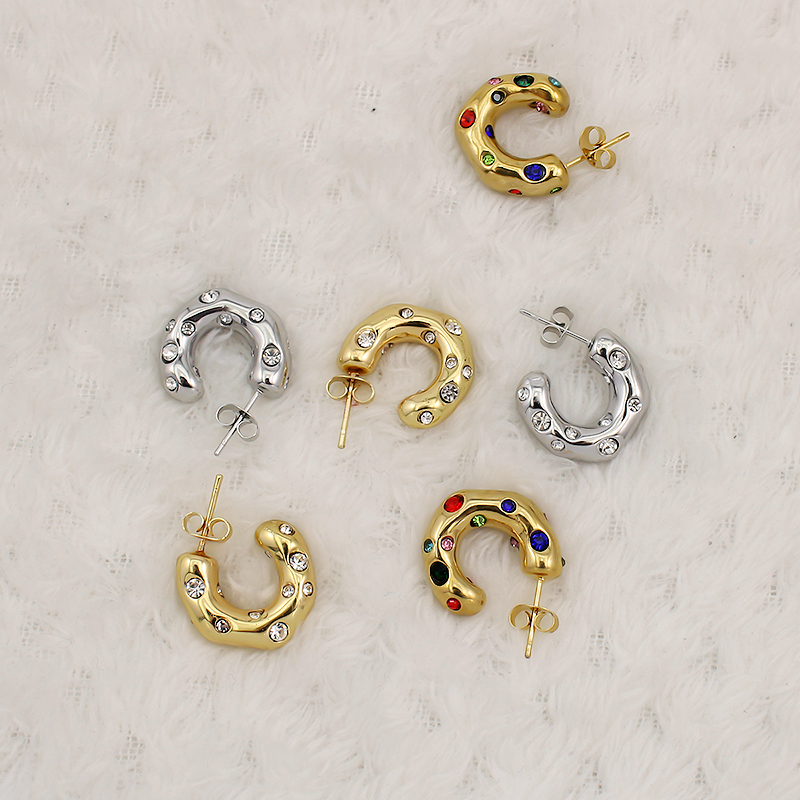 Classic 18K Wedding Stainless Steel Rhinestone Crystal Irregular Geometric C Shape Stud Earrings Zircon Earring for Women