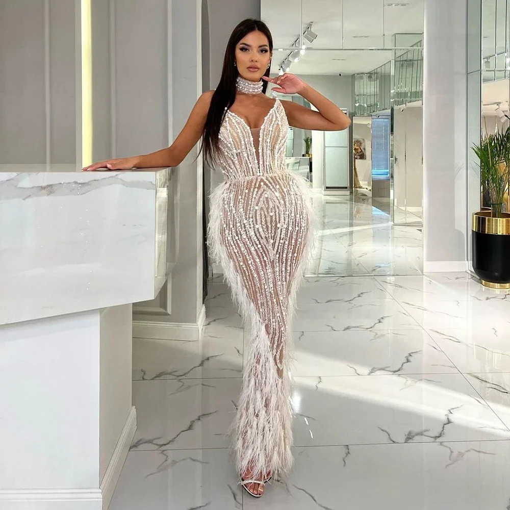 White nude mermaid spaghetti strap beaded feather evening dress dance dress womens wedding party LA72047 customization 250402