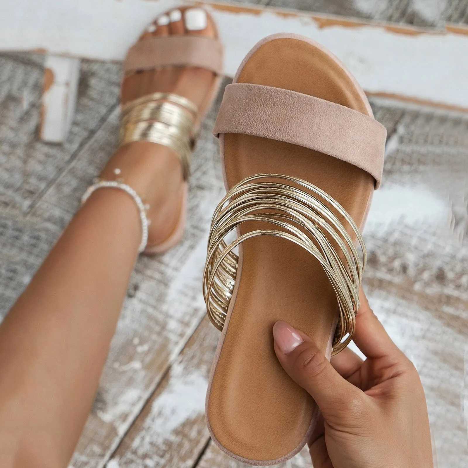 Womens shoes flat shoes Fiable gold silk slippers comfortable e-pods womens beach sandalsXJ250407