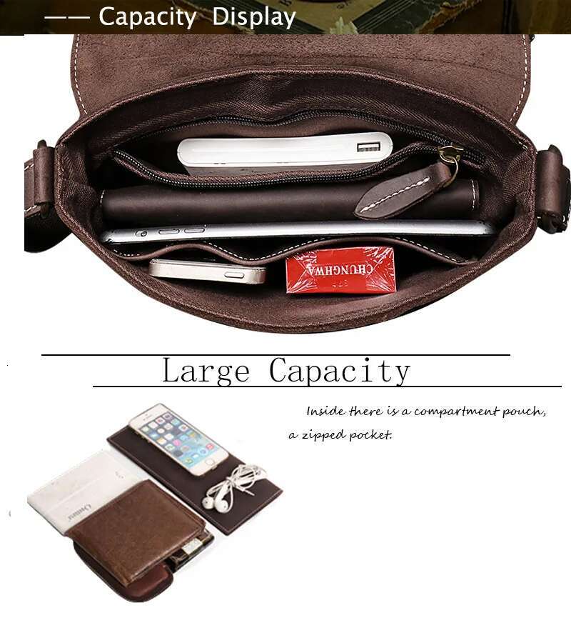 Men's Small Genuine New Simple Cowhide Shoulder Crazy Horse Leather Crossbody Bag Large Capacity Messenger Bags