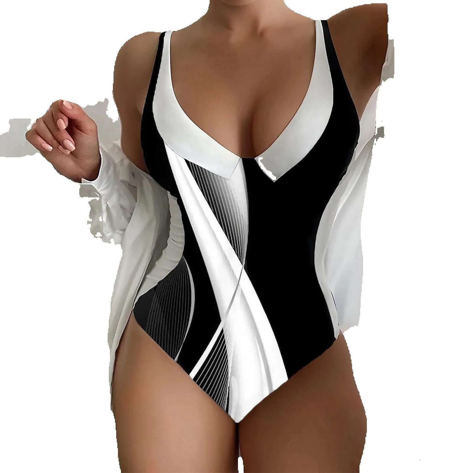 Women's high waisted one-piece swimsuit, push up, padded, V-neck, beachwear, bodysuit