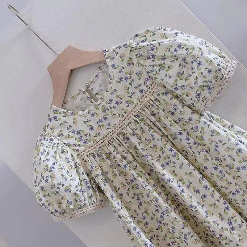 Retro Printed Princess Dress For 4-14Yrs Teenager Girls 2025 Summer Children Clothes Short Sleeve Lace Loose Elegant Dress 250408