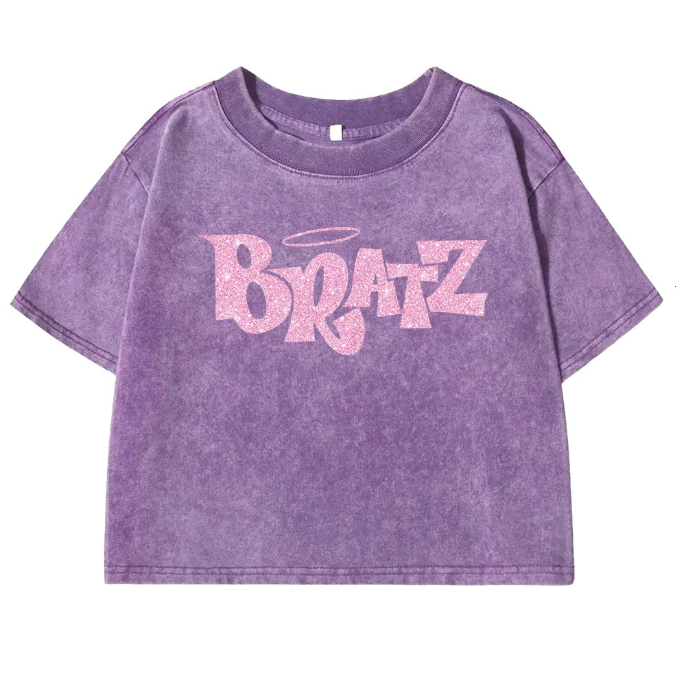 Pink Bratz letter printed womens Tshirt washed retro casual summer short sleeved soft ultrathin suitable for comfort 250407