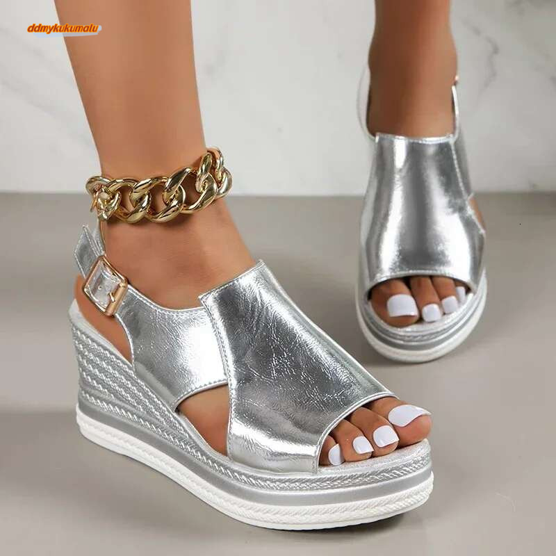 Peep Toe Wedge Sandals Women Summer Back Strap Buckle Platform Sandles Woman Fashion Thick Sole Sandalias Roman Shoes 2024 ddmykukumalu