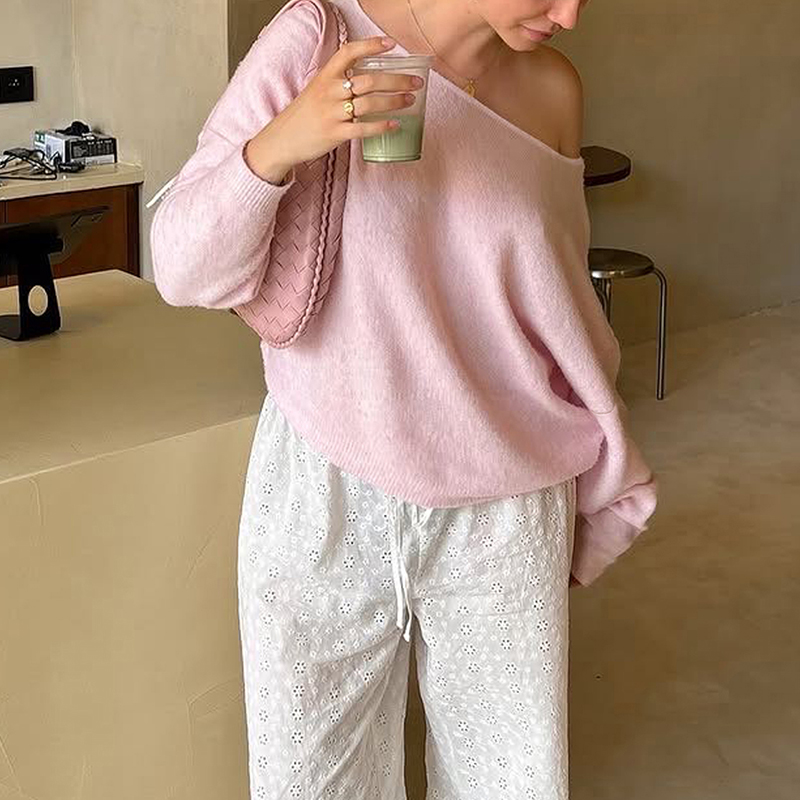 Fall women clothes, women's solid color sweater, simple fashion temperament casual loose pullover, long sleeve large round neck drop shoulder com