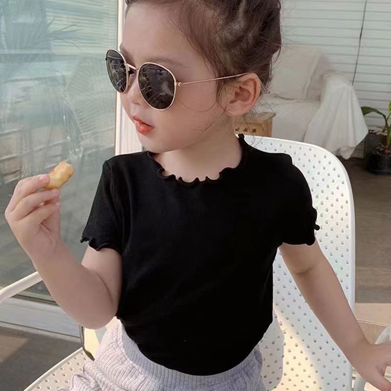 Ddmyshoesvip Ice Silk Short Sleeved T Shirt New Korean Version Versatile Summer Clothes For Girls Babies Striped Stylish With Black Fungus Edges