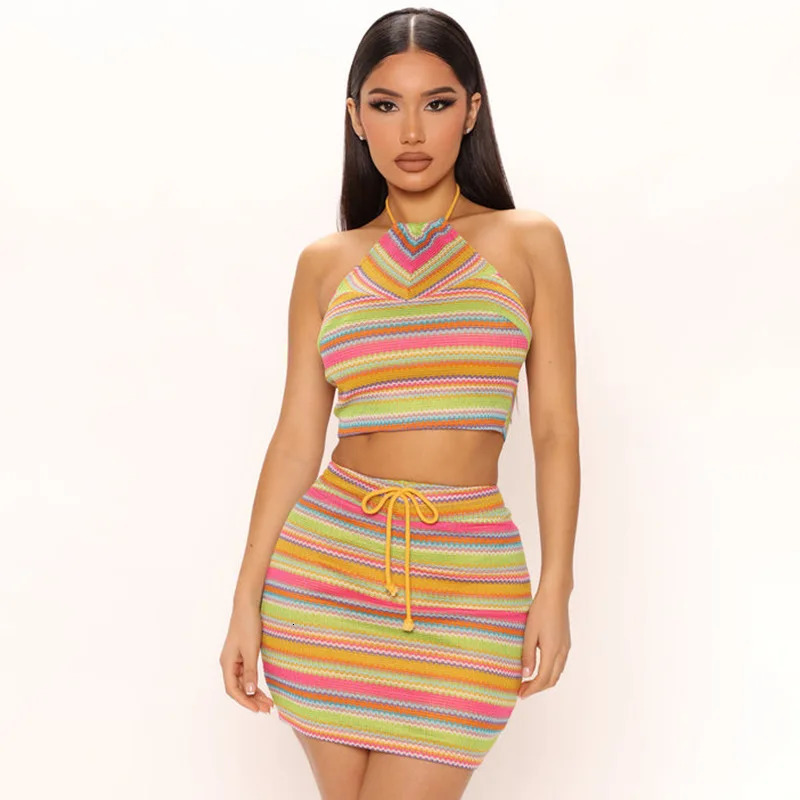 American Womens Fashion Print Halter Ins Small Vest Bag Hip Skirt Suit Sexy Color Halter Suit Seaside Holiday Wear 250408