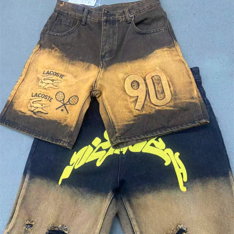 2025S Designer Letter Shorts Trendy Brand Jeans Men S Ripped Five Quarter Mid Length Pants High Street New Style Summer Denim