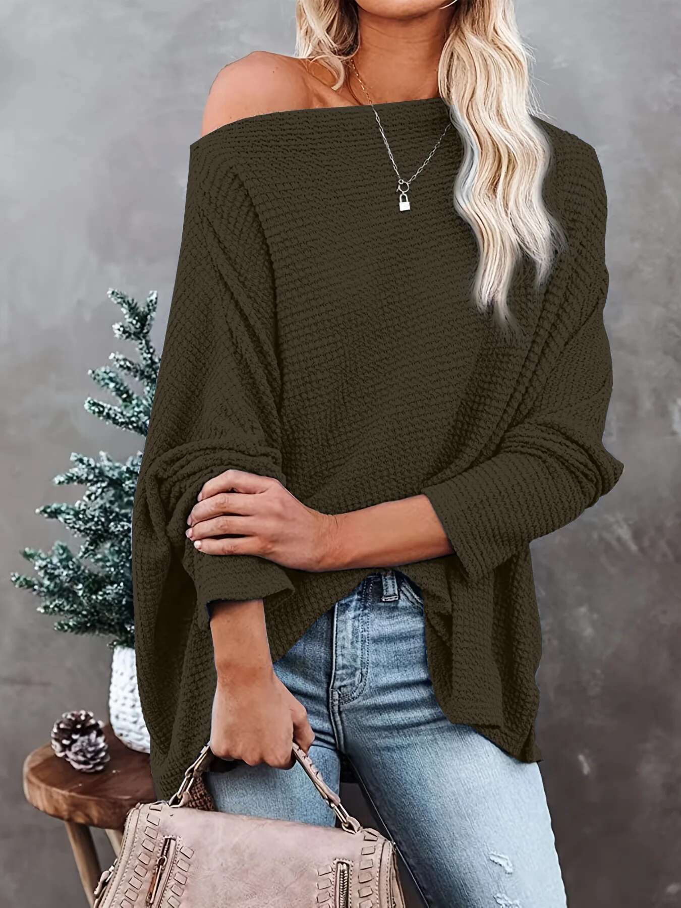 Knitted Waffle Shoulder 2024 New Autumn Europe And America Cross Border Women's Regular Top
