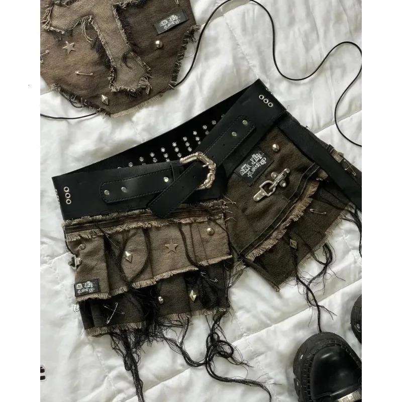 Harajuku sexy girl ceiling n mini denim skirt for women high quality embroidery American vintage Y2K two-piece set 2025 250408