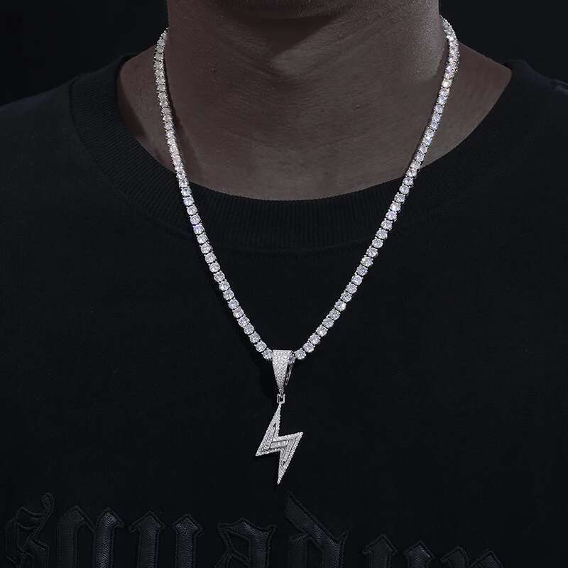 D Color Moissanite Lighing Pendant Necklace Sterg Sier Baguette Stone Men Bg Hip Hop Jewelry Gifts