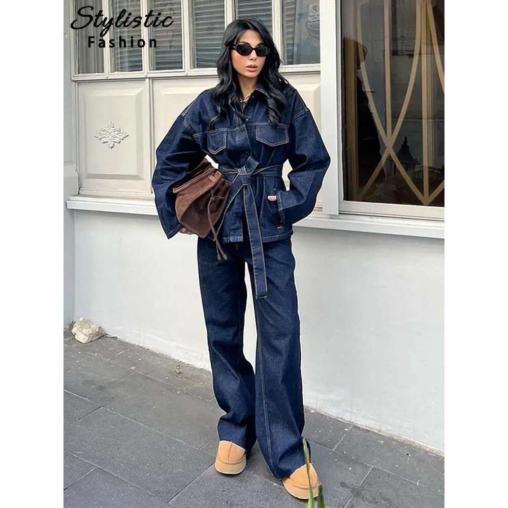 Casual Denim Jacket Pants Set Women Lace Up Lapel Pocket Single Breasted Coat Straight Jeans 2025 Spring High Street Outfit Lady