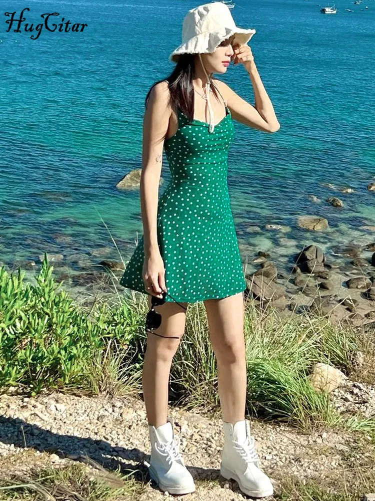 Hugcitar Summer Spotted Printed Sliding Block No Back Sexy and Elegant Bodycon Mini Ball Dress Womens Casual Clothing Y2K Beach Festival 250401