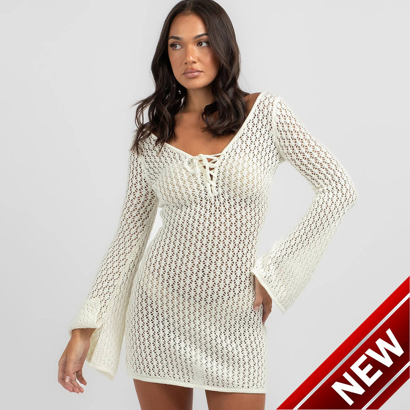 2025 Summer New Beach Skirt Womens Solid Color Sexy Knitted Beach Bikini Swimming Womens Dress