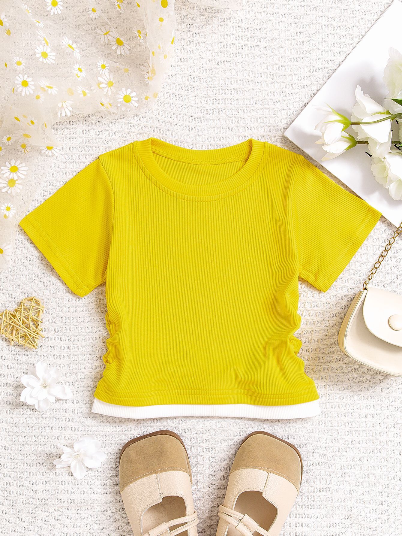 Ddmyshoesvip Splicing Fake Two Slim Fit T Shirts Contrasting Colors Sexy Short Style Girls Solid Color Pleated Design Top