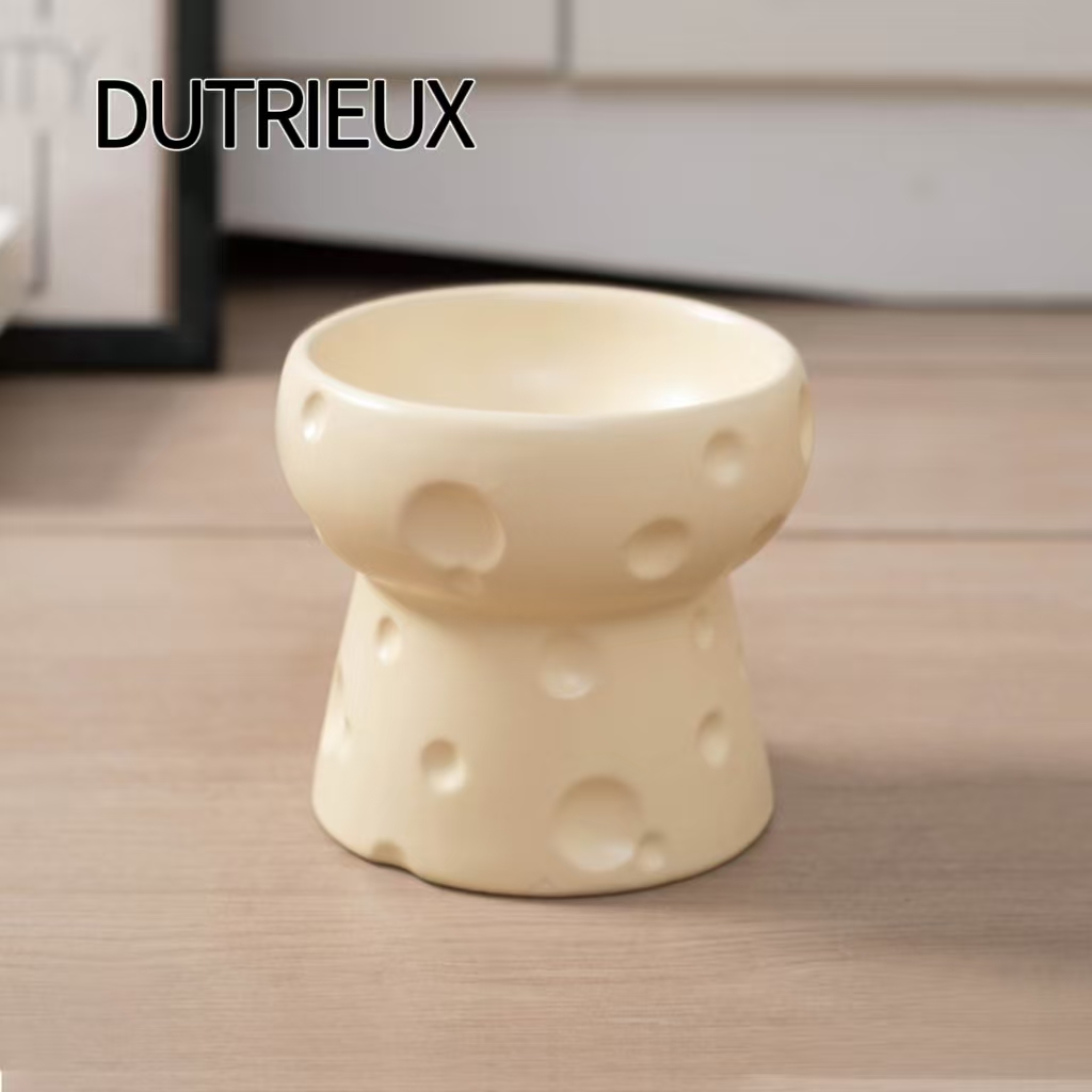 H1354 Ceramic pet bowl with neck support and tipping prevention, large diameter flat mouth cat and dog food and water bowl