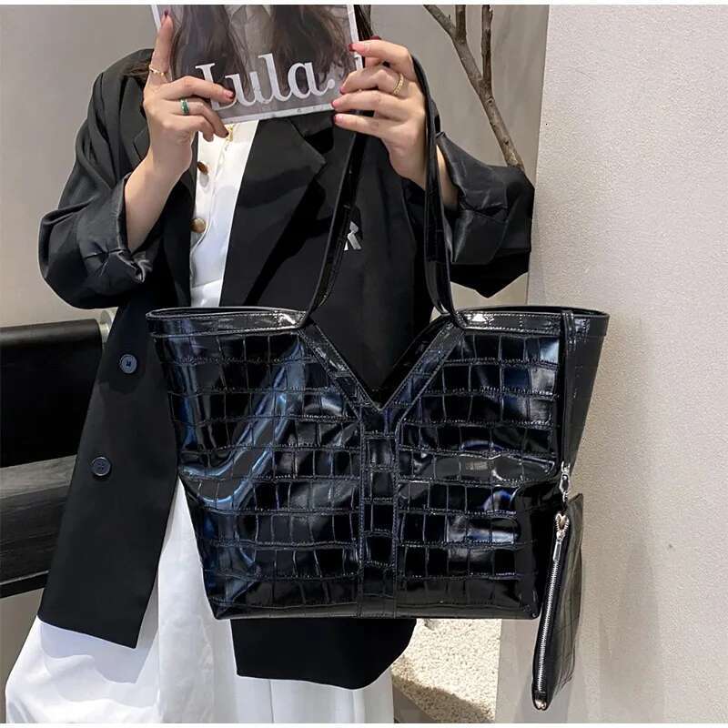 Genuine Leather Crocodile Pattern 2 In 1 Tote Large Capacity Design Ladies Casual Versatile Shoulder Handbag Shopping Bag