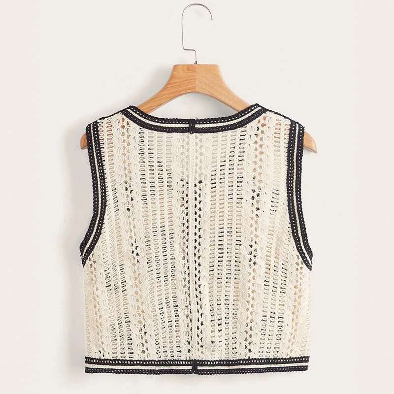 Ral Crochet Waistcoat For Women Sheer Button Front Sleeveless Open-Knit Top Teen-Girl Summer Boho Vacation Outfit