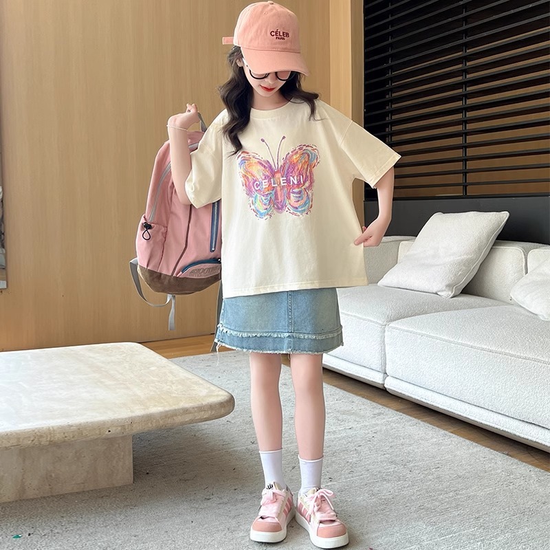 Ddmyshoesvip Girls Short Outfit Big Children S Cotton Summer T Shirt Little Girls Butterfly Print Half Sleeved Top Thin