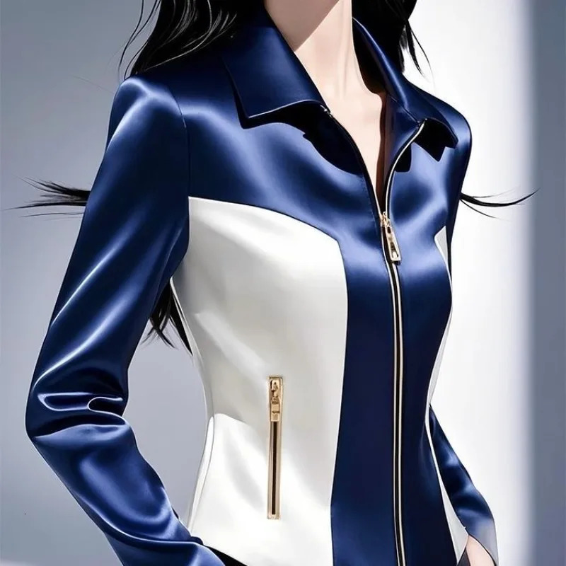 This years spliced colorful satin womens jacket early spring highend fashion ultrathin zipper top 250407