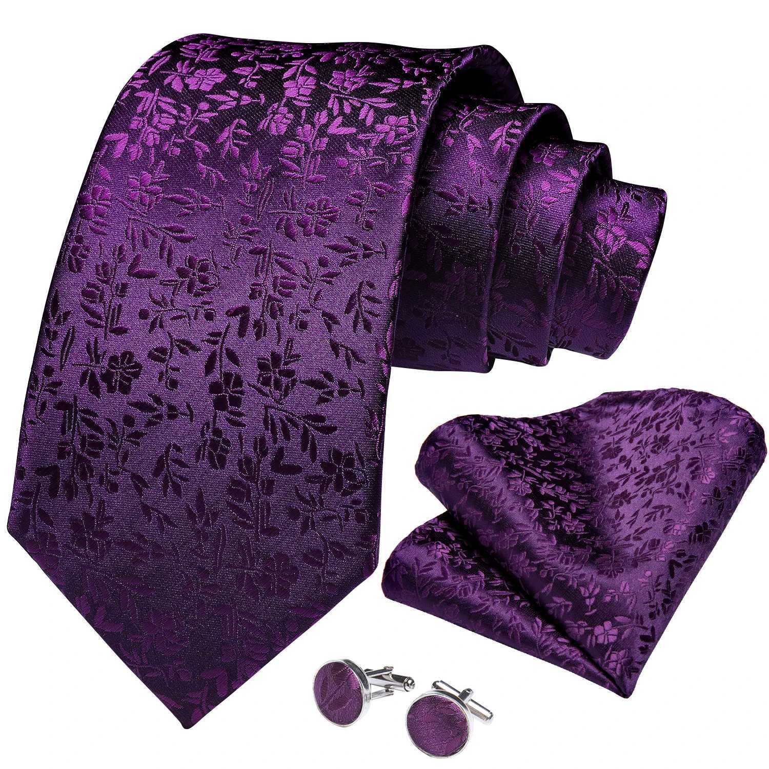 DiBanGu Ties For Men Purple Floral Paisley Necktie Business Formal 100% Silk Tie Pocket Square Set For Wedding Party Cravat X250407