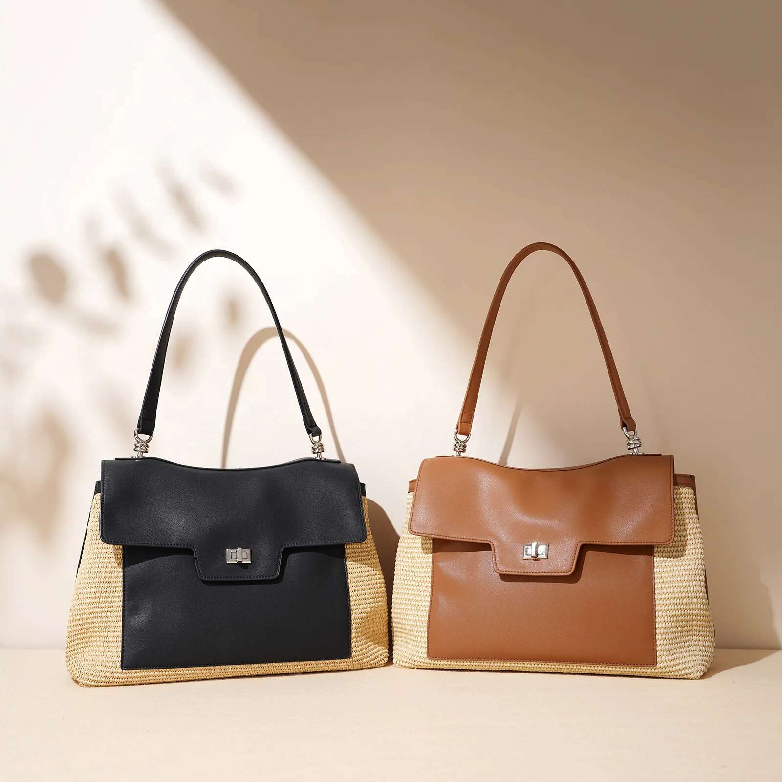 Summer 2025 Women's Raffia Woven Tote Split Leather Crossbody Straw Messenger Grass Weaving Shoulder Bag For Ladies New