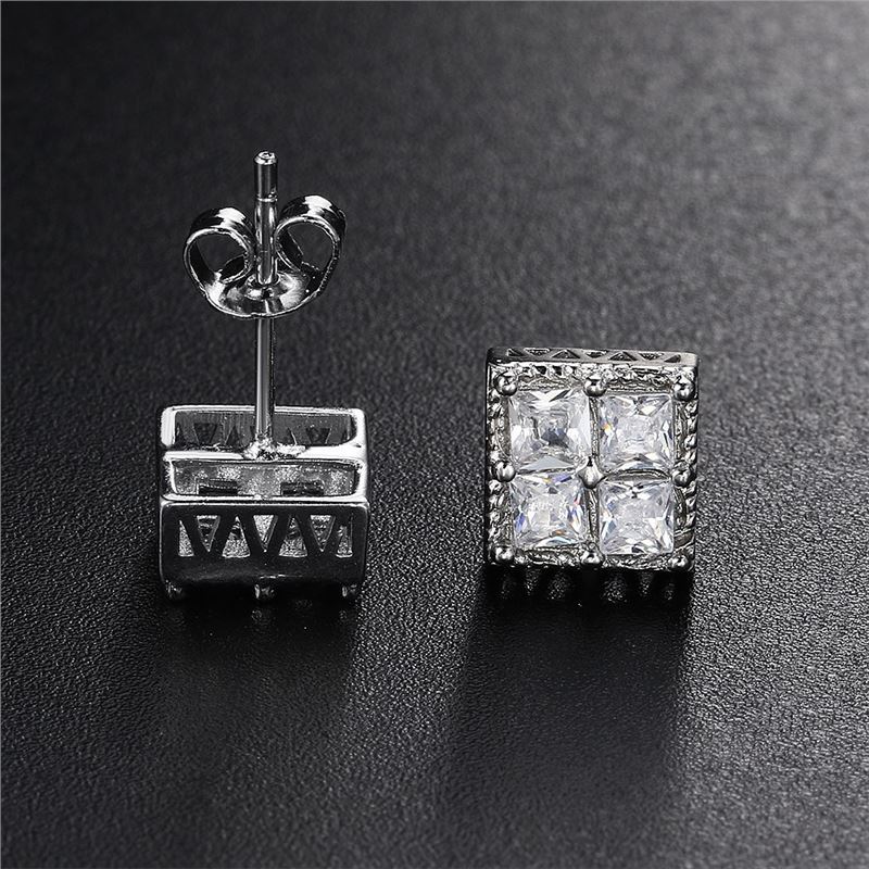 Delicate Square Cubic Zirconia Stud Earrings for Men 18K Real White Gold Plated White Crystal Earrings Luxury Hiphop Diamond Earring Party Birthday Ea
