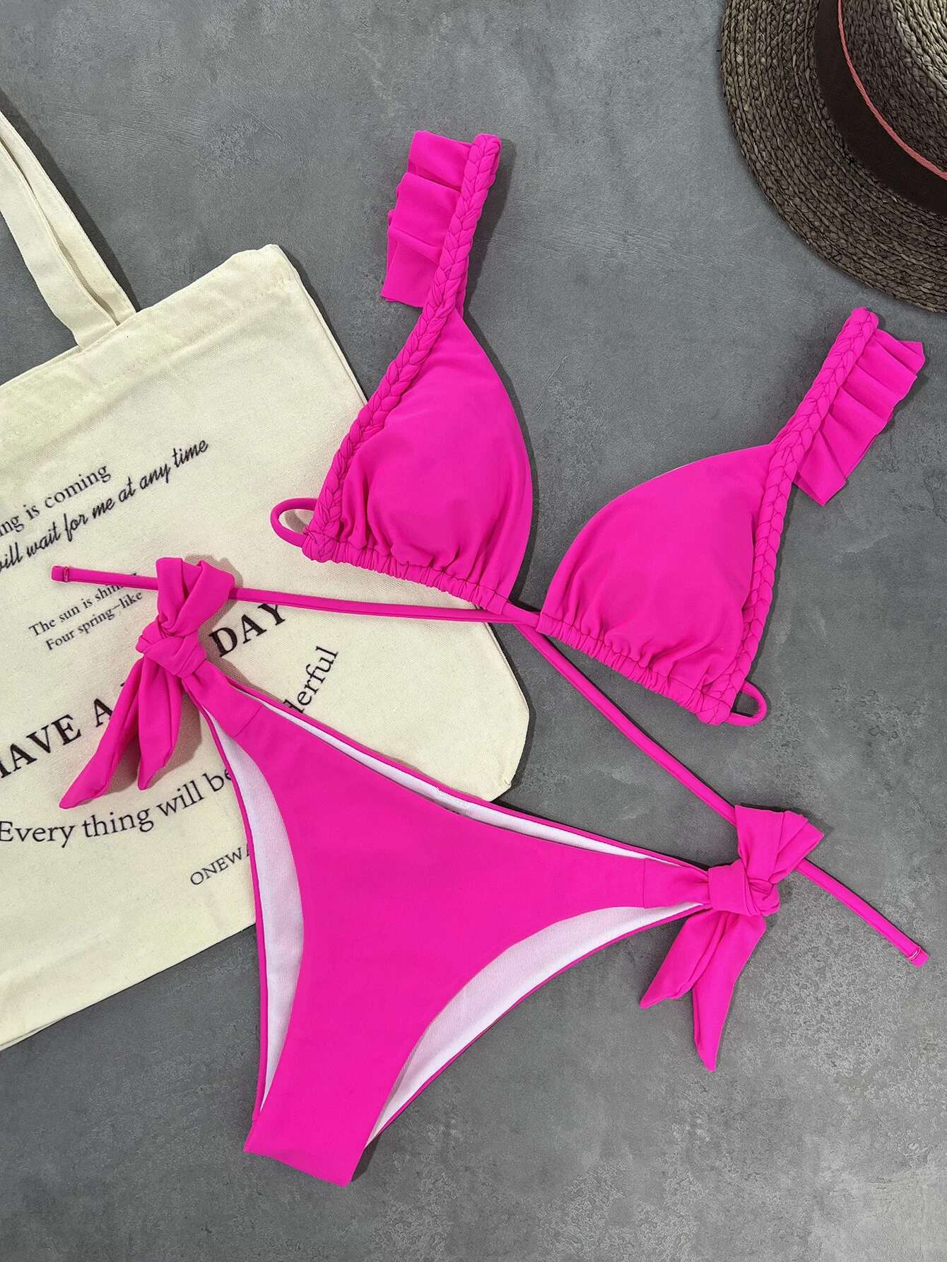 Dongdumaoyi Sexy Hot Pink Bikini Set Women Ruffles Push Up Bra Tie Side Thong Swimsuit Brazilian Summer Bathing Suit Two Piece Swimwear