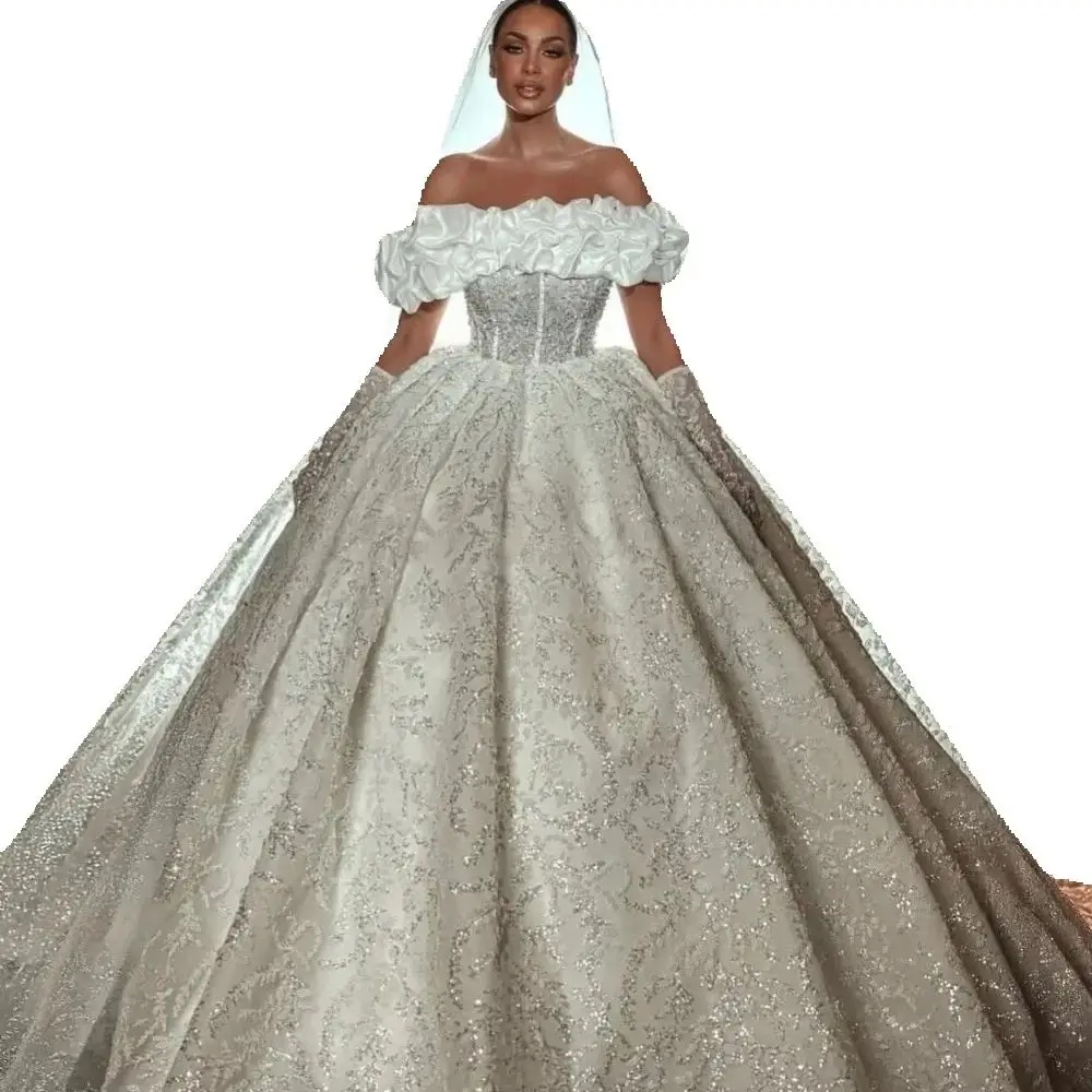 Modern Off the Shoulder Wedding Dress Elegant No Gloves Sequined Ball Gown Floor Length Customized Women Bridal Gown